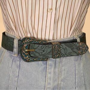 New! Elegant Dark Army Green Embossed Belt with Floral Accents